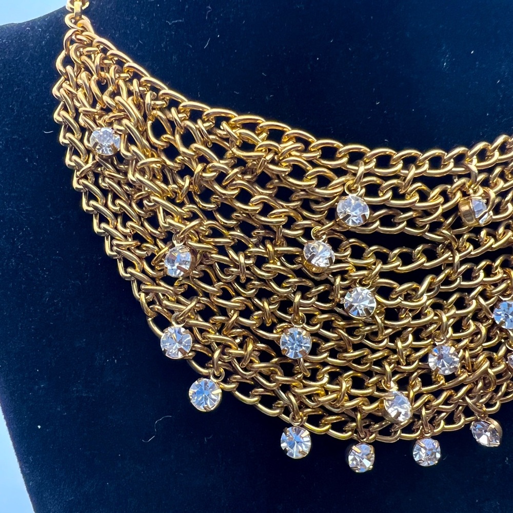 Rare Kenneth Jay Lane KJL Gold Plated Chain Mail Crystals Necklace